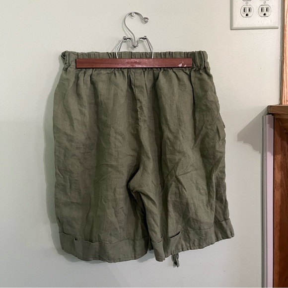 LO Len Ok Womens Paperbag 100% Linen Green Shorts L - Picture 3 of 5